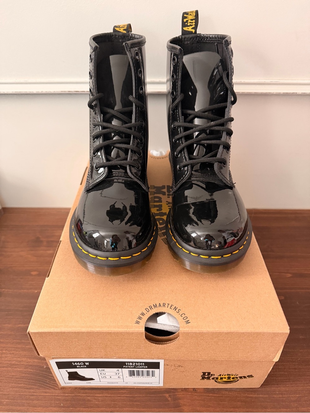 Dr. Martens Black Patent Lace-Up Women's Boots with Yellow Stitching 6